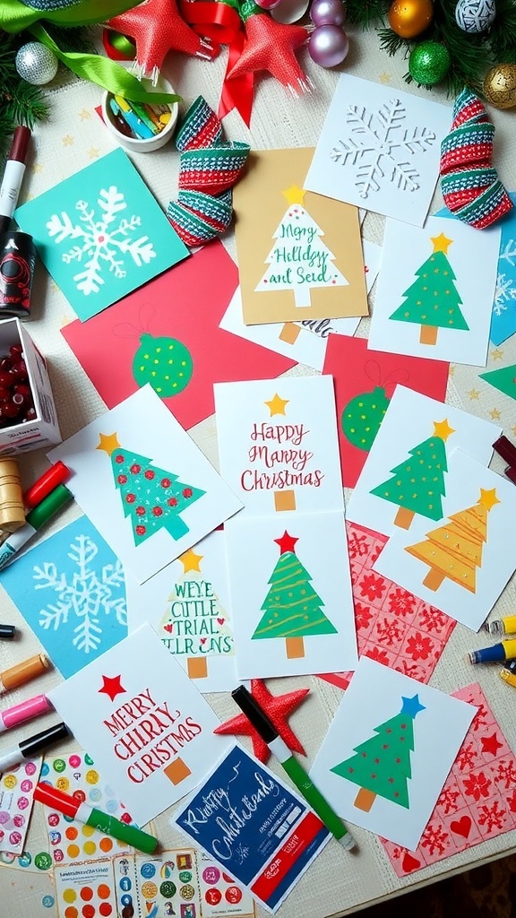 A collection of handmade Christmas cards with festive designs and crafting materials on a table.